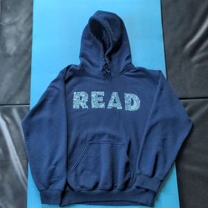 Navy hoodie with literary references